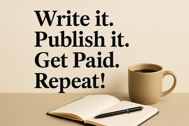 A motivational poster displays the message "Write. Publish It. Get Paid." in bold black serif font on a cream-colored background. Below the text, a beige coffee mug sits beside an open notebook with a sleek black pen resting on its pages, evoking a cozy, productive writing atmosphere.